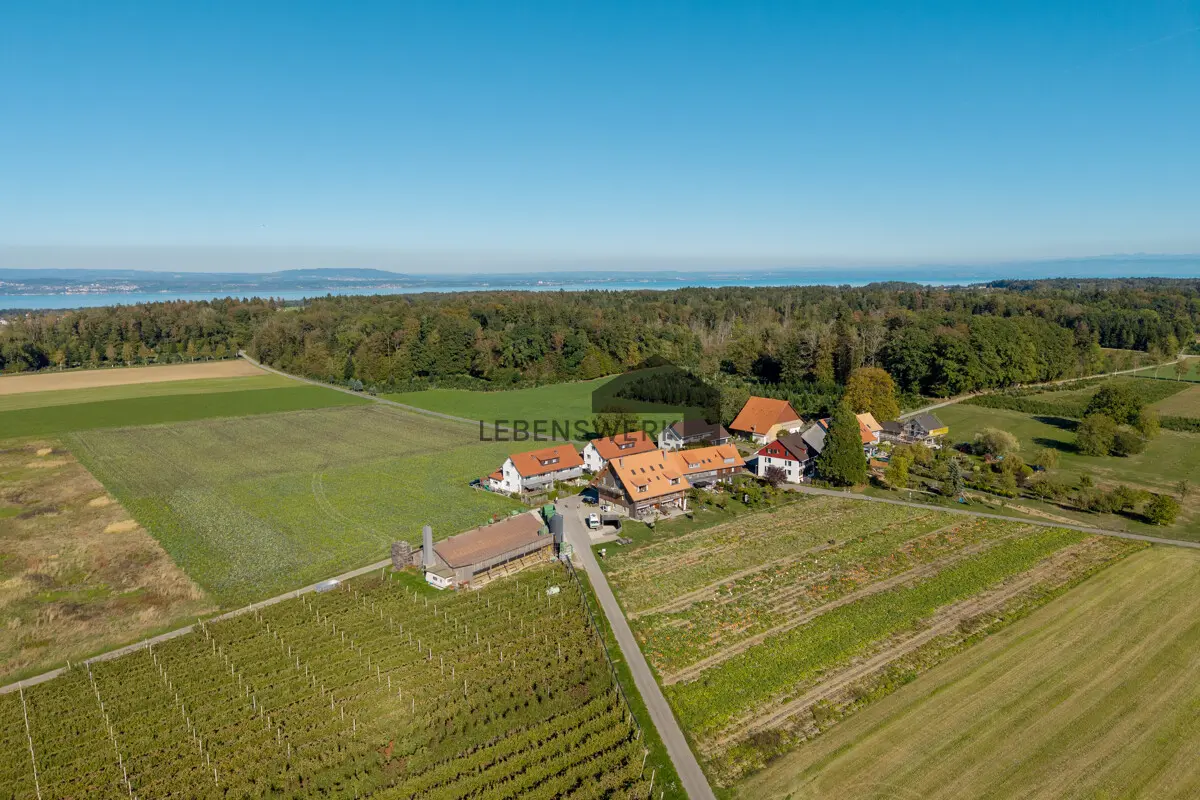 Eingebettet in Wiesen und Felder: der idyllische Weiler Lanzendorn aus der Vogelperspektive.