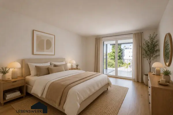 Helles Schlafzimmer mit direktem Balkonzugang – ein stilvoller Rückzugsort zum Wohlfühlen.