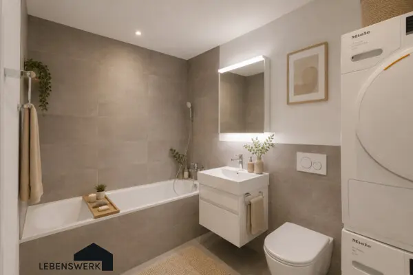Modernes Badezimmer mit Badewanne und praktischer Waschturm-Lösung – komfortabel und funktional gestaltet.