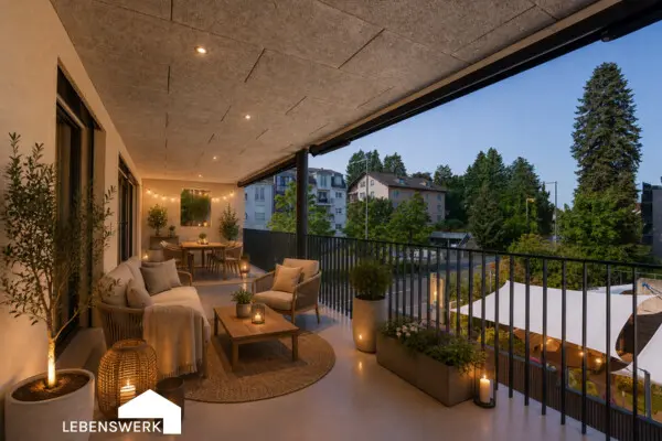 Stimmungsvolle Abendstunden auf dem grosszügigen Balkon – ein besonderer Rückzugsort zum Entspannen und Geniessen.
