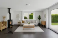 Wohnzimmer mit gemütlichen Cheminée und Terrasse