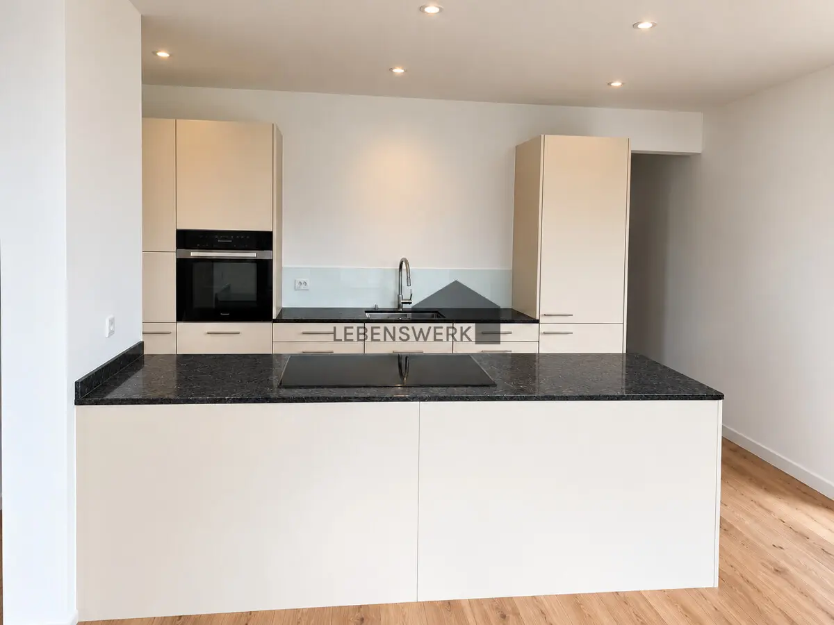 Moderne Küche mit schwarzem Granit.
