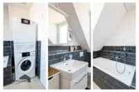 Badezimmer mit Badewanne, Fenster und Waschturm