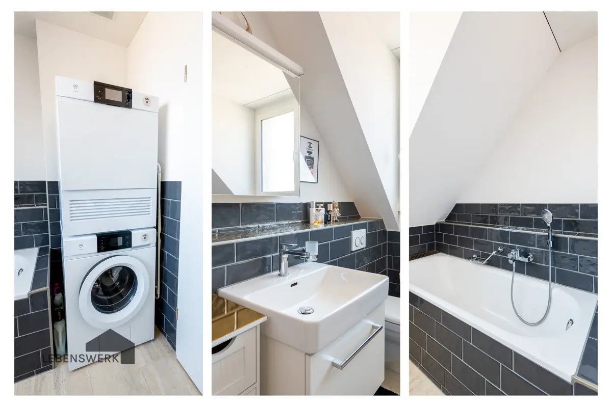 Badezimmer mit Badewanne, Fenster und Waschturm