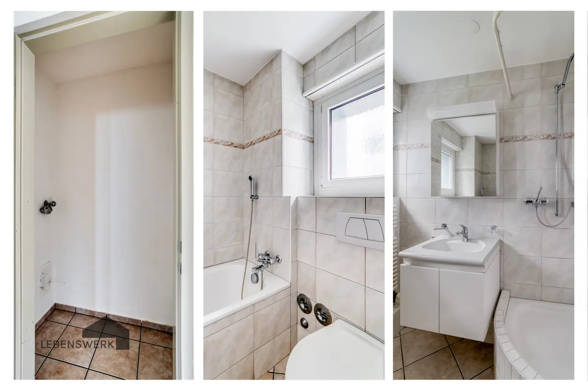 Tageslicht Badezimmer mit Badewanne und Dusche sowie angrenzendem Redutit